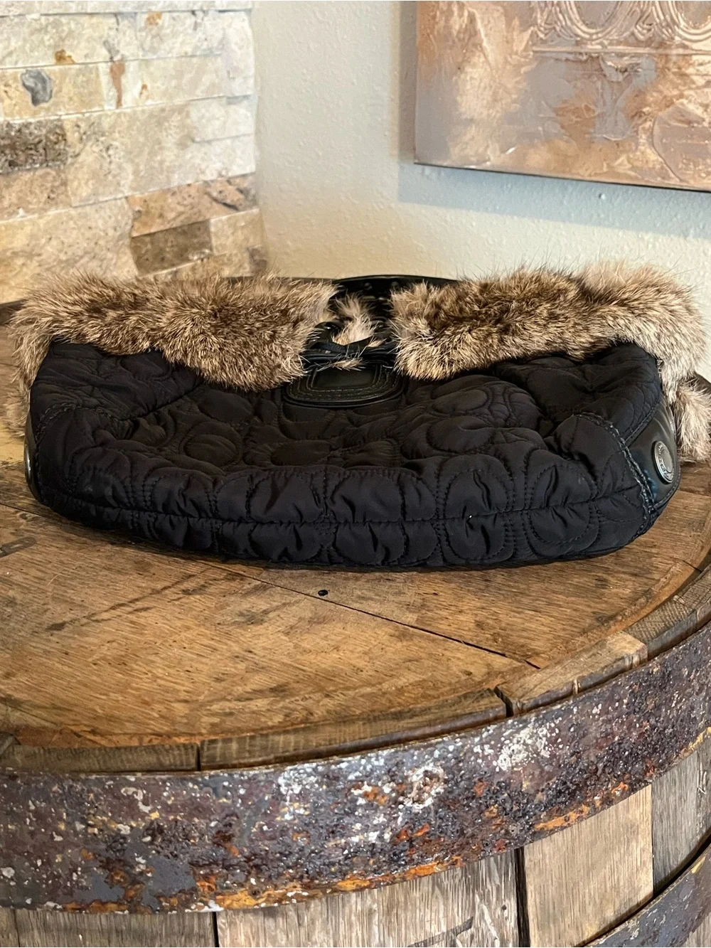 Coach Vintage Black Leather and Rabbit Fur Shoulder Bag